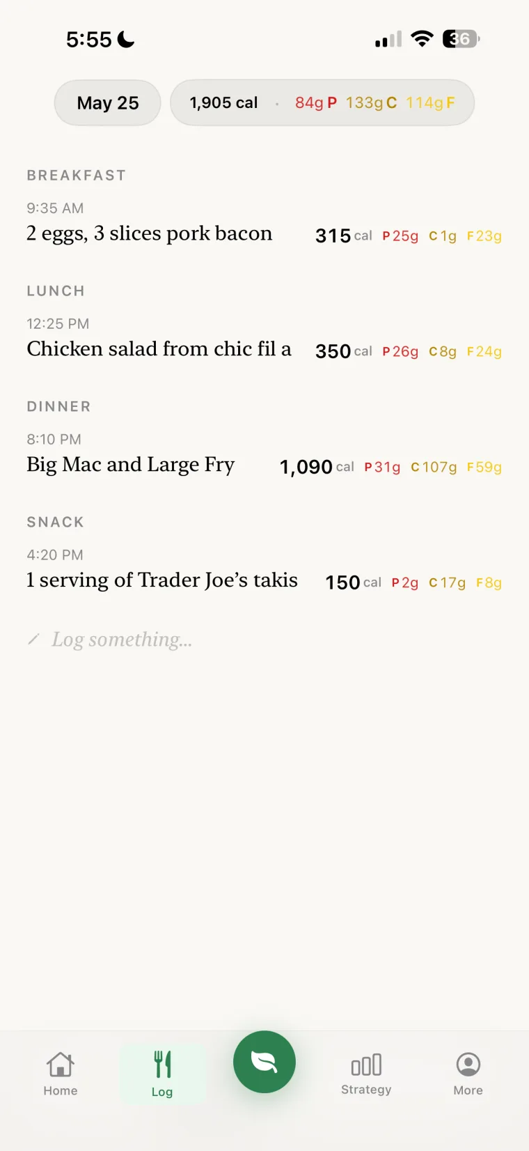 Plately food log tab listing the day's meals